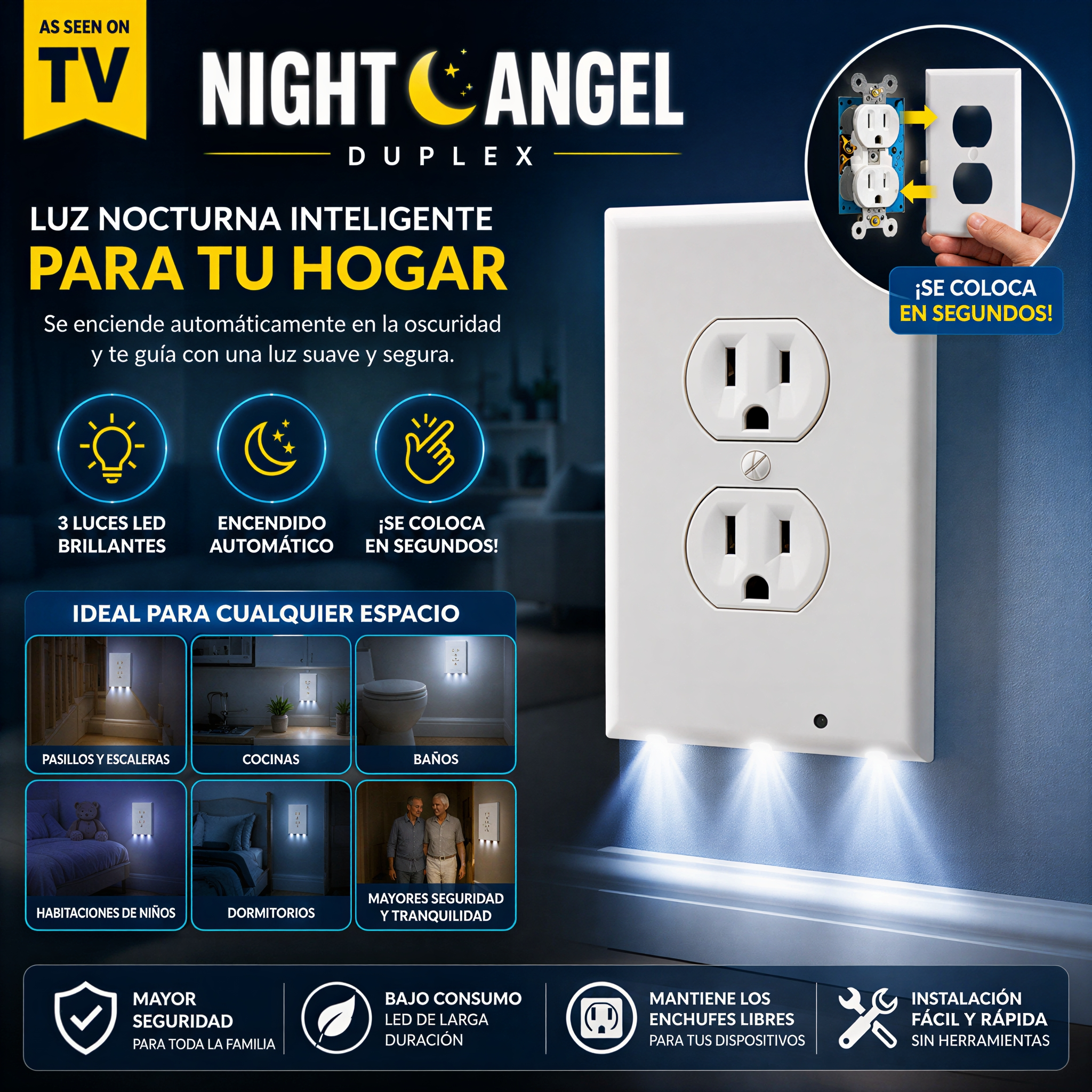 Enchufe Doble Inteligente con Luz Nocturna LED Automática – Seguridad y Comodidad para tu Hogar