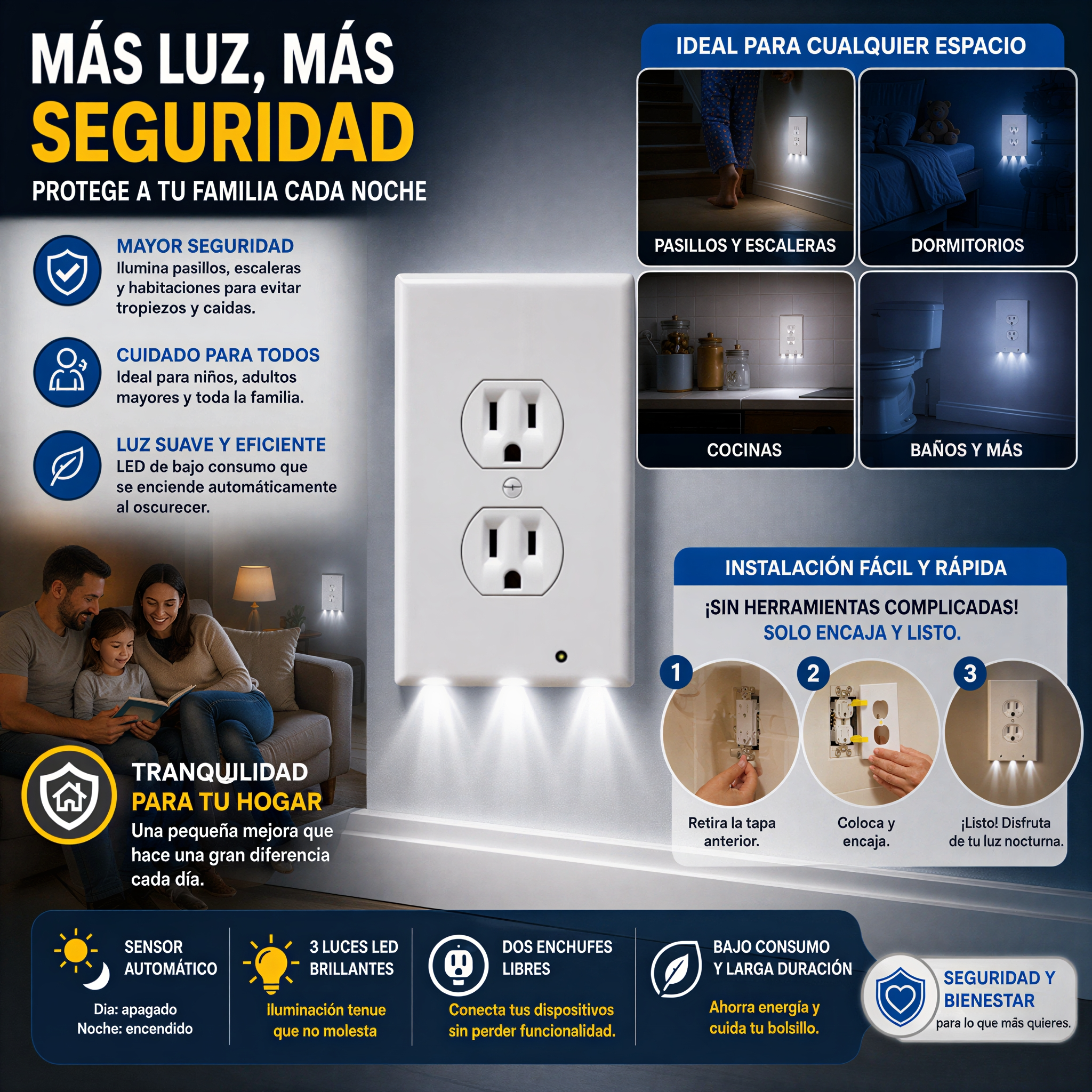 Enchufe Doble Inteligente con Luz Nocturna LED Automática – Seguridad y Comodidad para tu Hogar