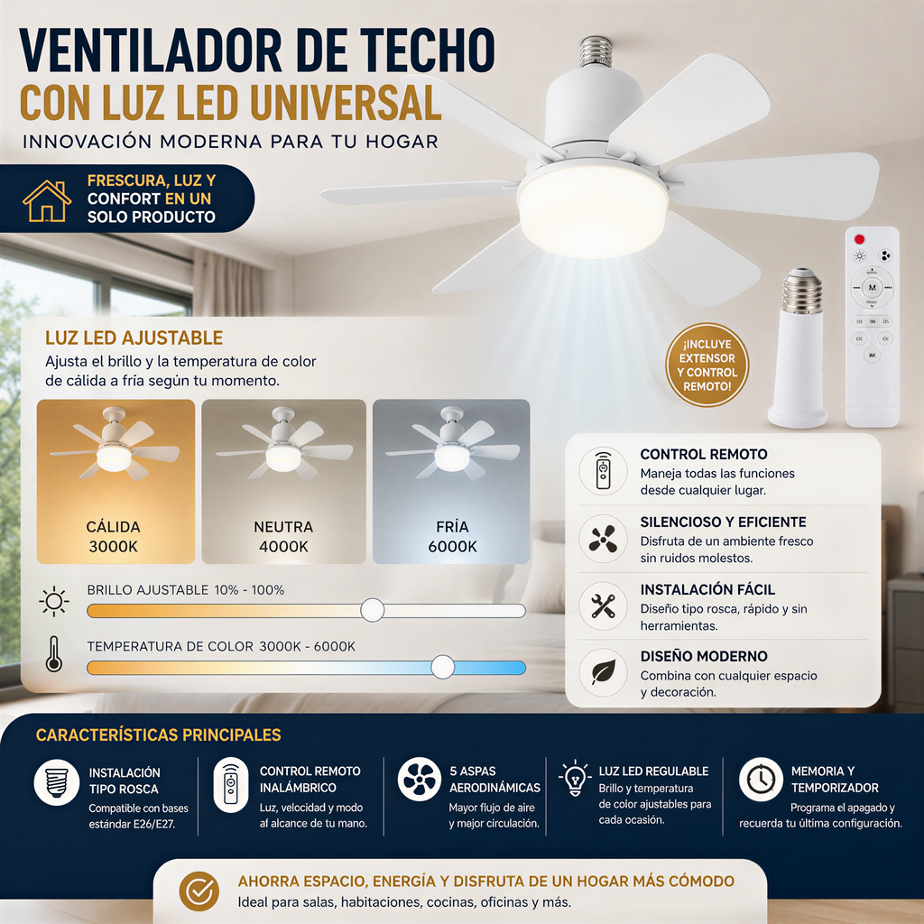 Ventilador de Techo con Luz LED Inteligente – Silencioso, Regulable, con Control Remoto e Instalación Fácil para tu Hogar