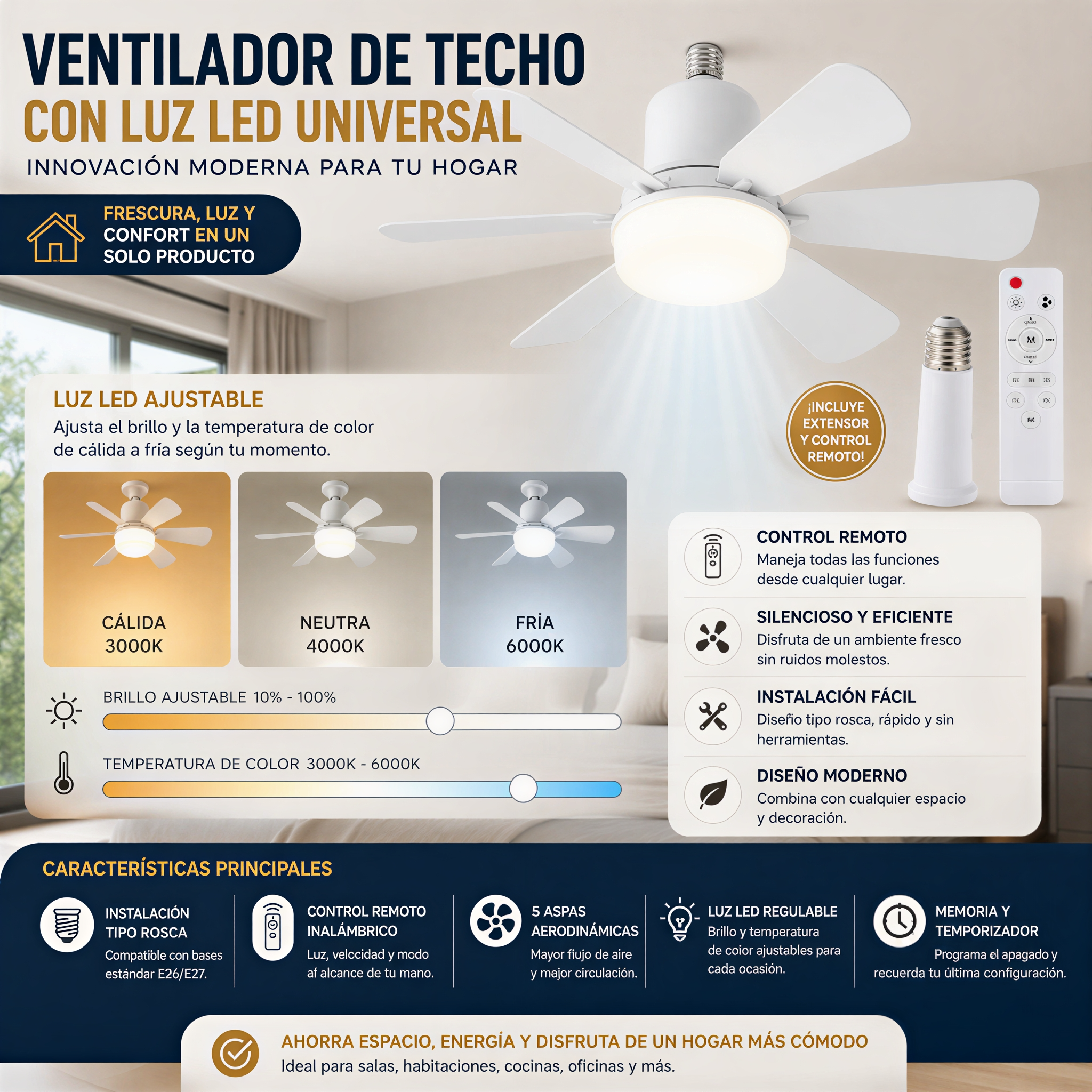 Ventilador de Techo con Luz LED Inteligente – Silencioso, Regulable, con Control Remoto e Instalación Fácil para tu Hogar
