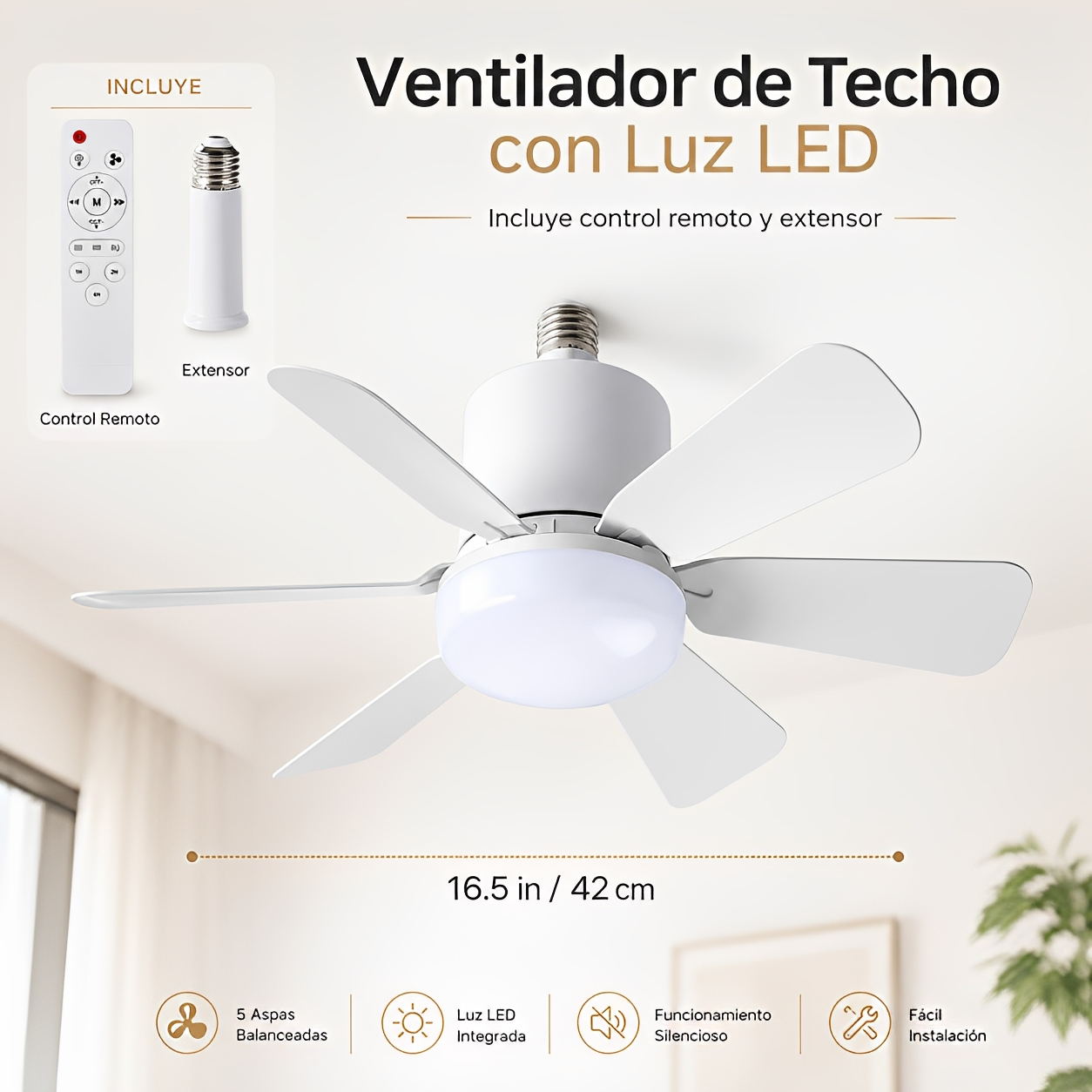 Ventilador de Techo con Luz LED Inteligente – Silencioso, Regulable, con Control Remoto e Instalación Fácil para tu Hogar