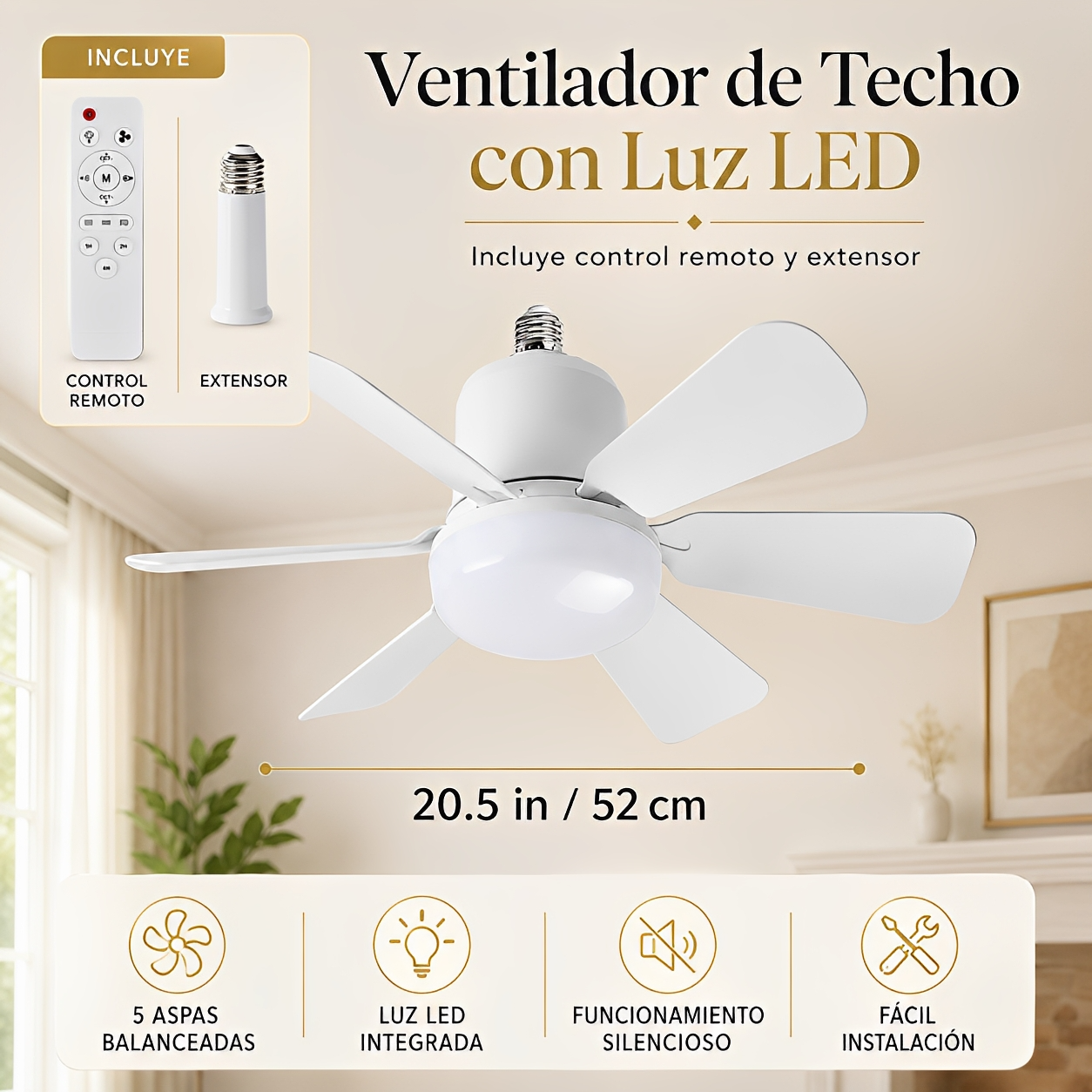 Ventilador de Techo con Luz LED Inteligente – Silencioso, Regulable, con Control Remoto e Instalación Fácil para tu Hogar