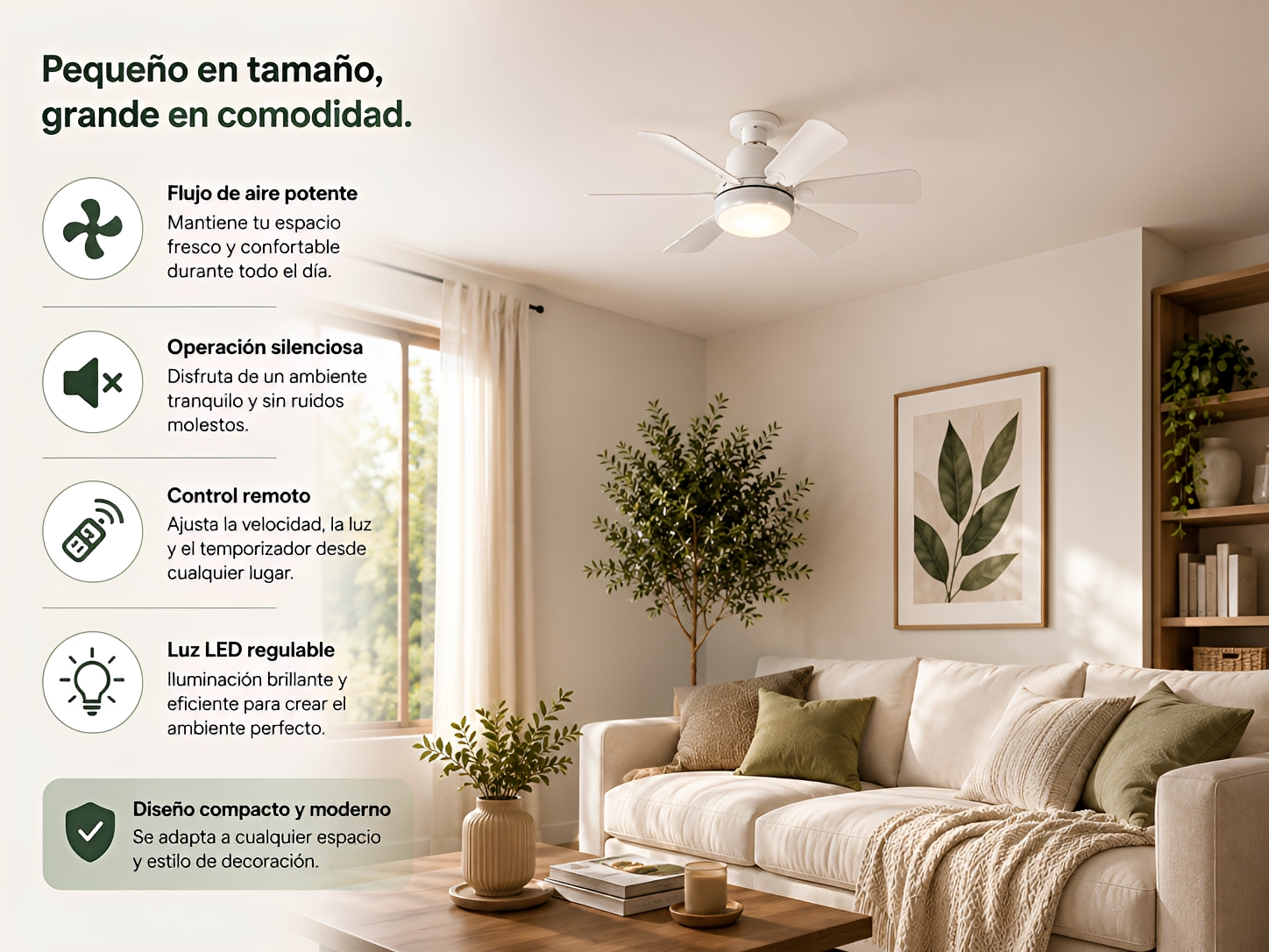 Ventilador de Techo con Luz LED Inteligente – Silencioso, Regulable, con Control Remoto e Instalación Fácil para tu Hogar