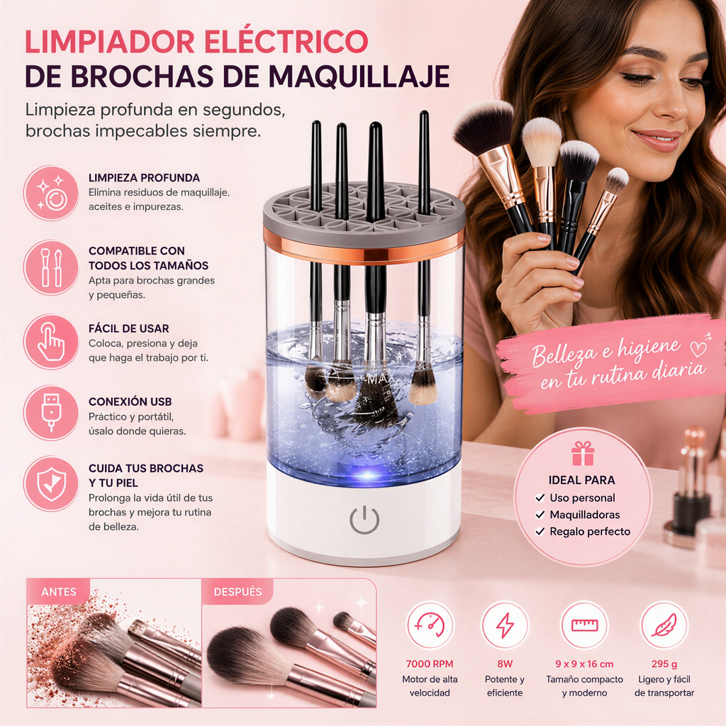 Limpiador Eléctrico de Brochas de Maquillaje USB | Limpieza Automática 7000RPM Compatible con Todas las Brochas