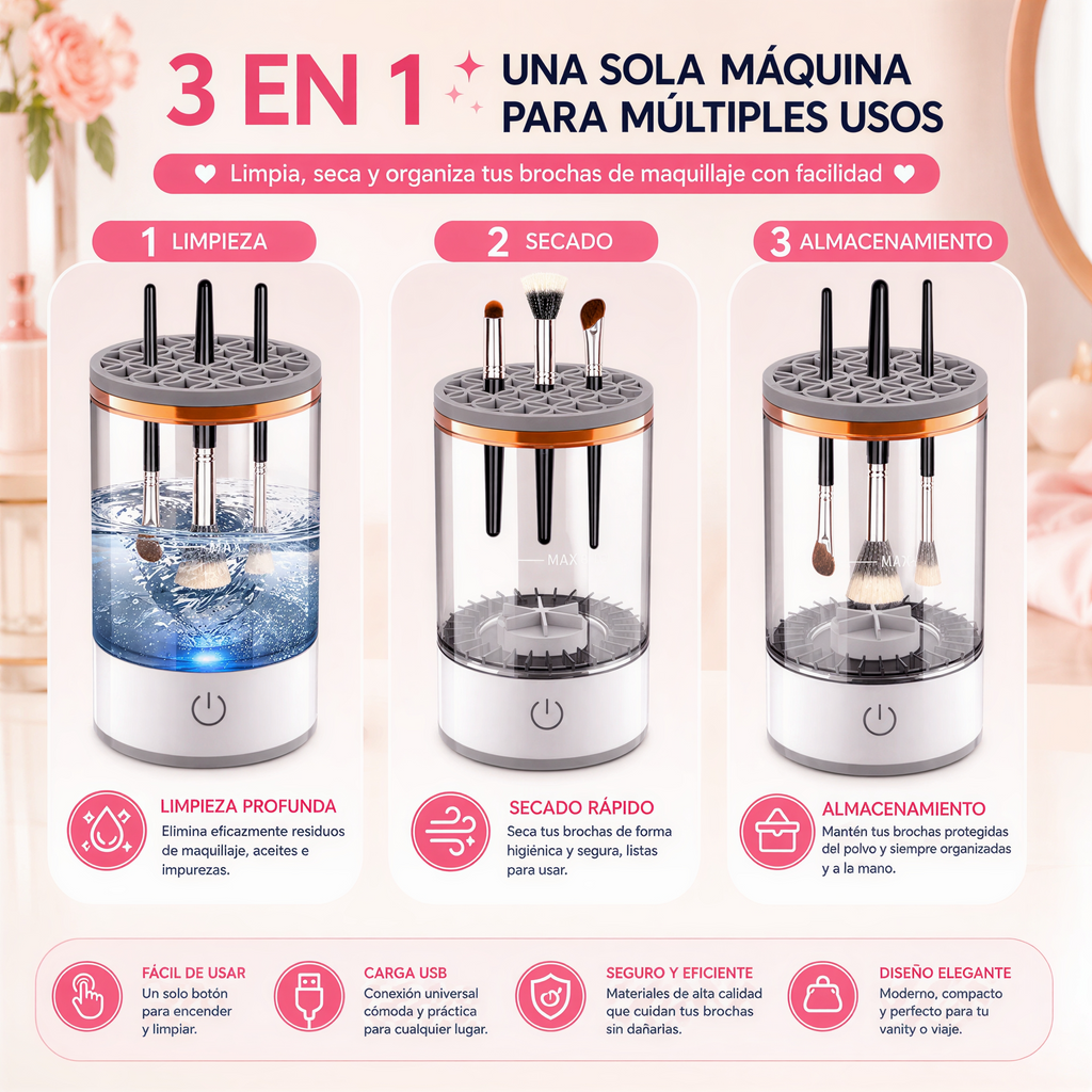 Limpiador Eléctrico de Brochas de Maquillaje USB | Limpieza Automática 7000RPM Compatible con Todas las Brochas