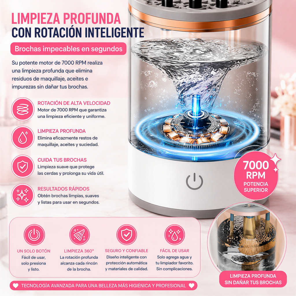 Limpiador Eléctrico de Brochas de Maquillaje USB | Limpieza Automática 7000RPM Compatible con Todas las Brochas