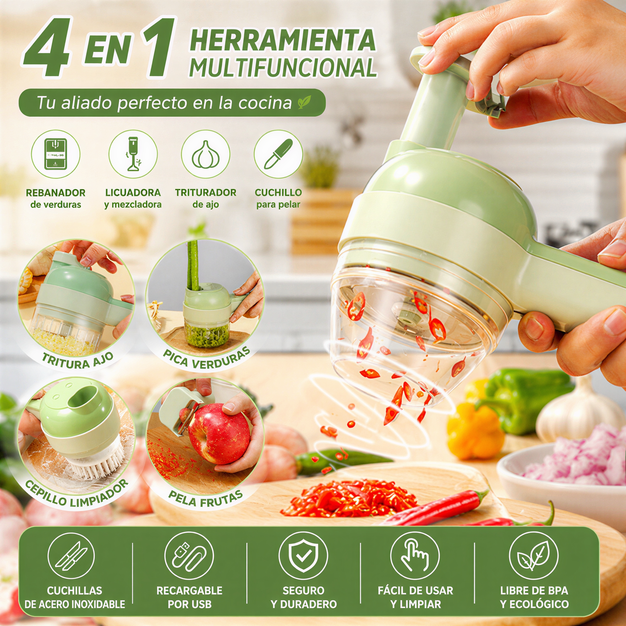 Picadora Eléctrica Multifuncional Recargable USB | Tritura Ajo, Cebolla, Chiles y Vegetales en Segundos