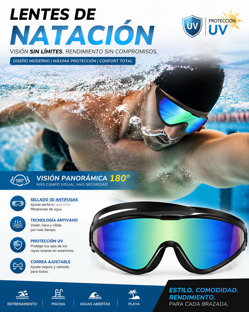 Gafas de Natación Antivaho con Visión Panorámica 180° y Protección UV | Ajuste Antifugas
