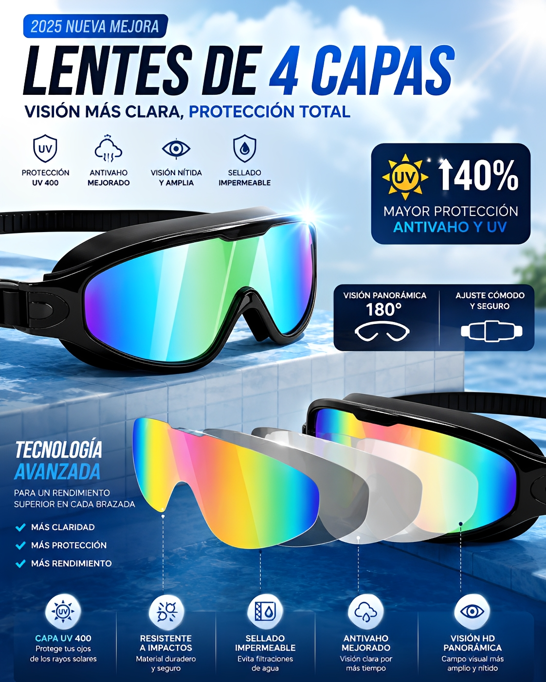 Gafas de Natación Antivaho con Visión Panorámica 180° y Protección UV | Ajuste Antifugas