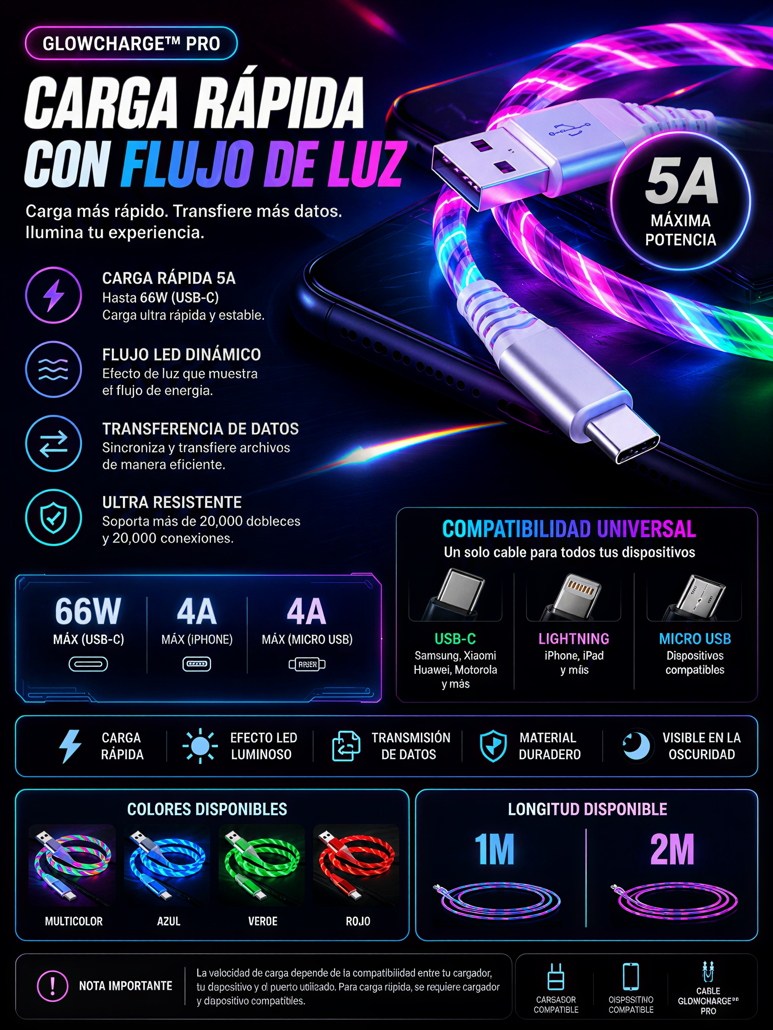 GlowCharge™ Pro – Cable LED de Carga Rápida 5A con Flujo de Luz Inteligente