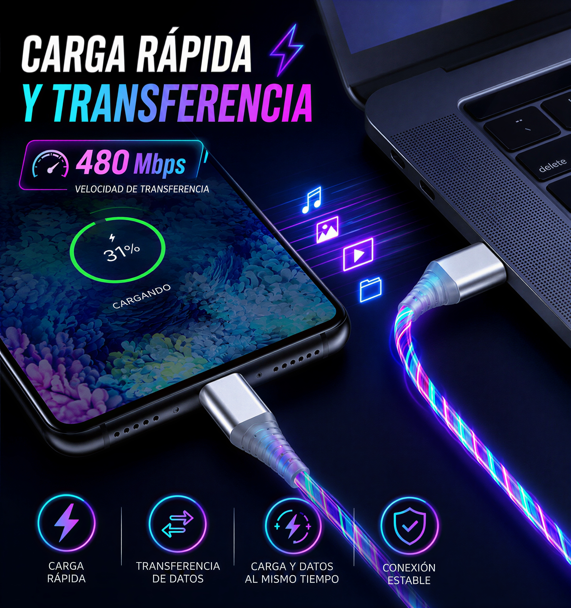 GlowCharge™ Pro – Cable LED de Carga Rápida 5A con Flujo de Luz Inteligente