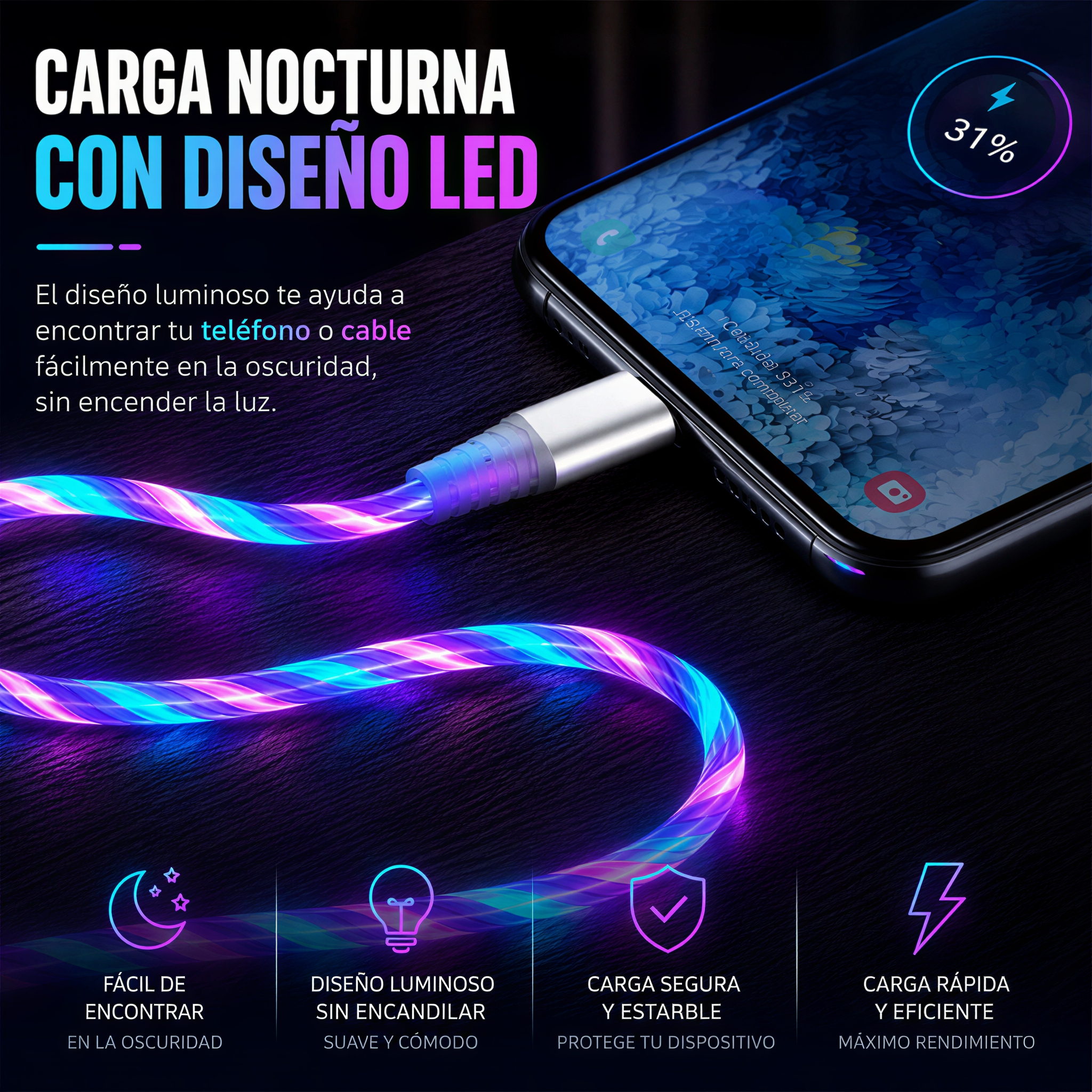 GlowCharge™ Pro – Cable LED de Carga Rápida 5A con Flujo de Luz Inteligente